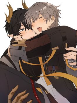 2boys black_coat black_gloves black_hair black_pants blue_eyes blush caelus_(honkai:_star_rail) carrying chain chinese_clothes closed_eyes coat commentary dan_heng_(honkai:_star_rail) dan_heng_(permansor_terrae)_(honkai:_star_rail) dragon_boy dragon_horns fingerless_gloves fingernails gauntlets gloves gold_chain grey_hair hair_between_eyes half-closed_eyes hand_on_another&#039;s_back happy highres honkai:_star_rail honkai_(series) hood hooded_coat horns hug long_hair looking_at_another low_ponytail male_focus multiple_boys official_alternate_costume official_alternate_hairstyle open_clothes open_coat open_mouth pants pocket_watch pointy_ears ponytail princess_carry shirt short_hair simple_background smile suzumiyakiyuka symbol-only_commentary t-shirt teeth tongue trailblazer_(honkai:_star_rail) watch white_background white_shirt yaoi yellow_pupils