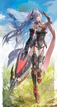 1girl absurdres android armored_boots bare_shoulders black_gloves black_leotard boots breasts commentary covered_navel day elbow_gloves floating_hair full_body gloves headgear highleg highleg_leotard highres holding holding_weapon joints large_breasts leotard long_hair looking_to_the_side outdoors poppi_(xenoblade) poppi_qtpi_(xenoblade) purple_hair red_scarf robot_ears robot_joints scarf shikina_(mochigushi_) solo standing standing_on_one_leg thighhighs very_long_hair walking weapon xenoblade_chronicles_(series) xenoblade_chronicles_2 yellow_eyes