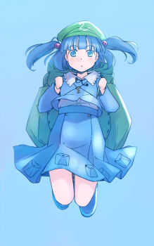 1girl :o backpack bag beads blue_background blue_eyes blue_hair blue_shirt blue_shoes blue_skirt commentary_request frilled_shirt_collar frills full_body green_bag green_hat hair_beads hair_ornament hat holding_strap kawashiro_nitori key knees light_blush long_sleeves looking_at_viewer medium_hair one-hour_drawing_challenge parted_lips rangycrow shirt shoes skirt skirt_pocket solo touhou twintails white_shirt