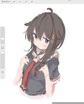 1girl ahoge art_program_in_frame bow brown_hair closed_mouth cropped_torso grey_eyes hair_bow hands_up highres ichiha_(ichi_u2) kantai_collection light_blush looking_to_the_side medium_hair necktie red_bow red_necktie red_trim sailor_collar school_uniform shigure_(kancolle) short_sleeves simple_background solo white_background white_sailor_collar