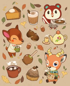 Rule 34 | acorn, animal crossing, artist name, beau (animal crossing), blue eyes, brown eyes, candy apple, chestnut, closed eyes, cup, cupcake, deer, dress, drink, fauna (animal crossing), floral print, food, ginkgo leaf, highres, holding, holding cup, horns, hot chocolate, leaf, marshmallowmug, mug, nintendo, pie, pie slice, plaid clothes, plaid dress, poppy (animal crossing), pumpkin pie, sharkbooi, soup, squirrel, standing, steam, sweater, teacup, teapot, watermark