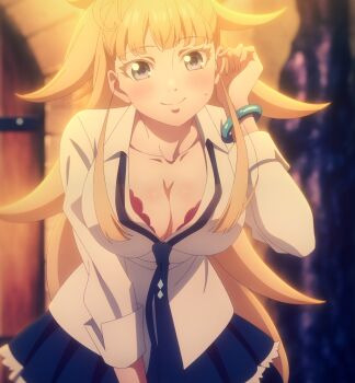 1girl blonde_hair blue_eyes blush bracelet breasts cleavage collarbone highres jewelry kekkon_yubiwa_monogatari large_breasts long_hair looking_at_viewer nonaka_himeno smile solo stitched sweatdrop third-party_edit