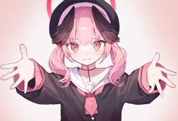 1girl 3: absurdres black_choker black_shirt black_wings blue_archive blunt_bangs blush choker closed_mouth collarbone commentary eyes_visible_through_hair feathered_wings hair_between_eyes halo head_wings highres incoming_hug koharu_(blue_archive) korean_commentary looking_at_viewer medium_hair neckerchief outstretched_arms outstretched_hand parram77 pink_background pink_eyes pink_hair pink_neckerchief pov red_halo sailor_collar school_uniform serafuku shirt simple_background single_bare_shoulder sleeves_past_wrists solo straight-on twintails v-shaped_eyebrows white_sailor_collar wings