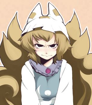 1girl about_to_cry anger_vein animal_hat ankoro_(eguretto) beige_background black_eyes blonde_hair brooch female_focus fox_tail hat hat_with_ears jewelry looking_at_viewer mob_cap multiple_tails pursed_lips serious short_hair simple_background solo tabard tail tearing_up tears touhou upper_body yakumo_ran