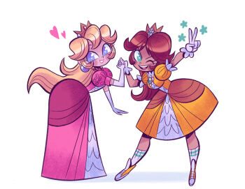 2018 2girls :d arm_up bare_legs blonde_hair blue_eyes blush_stickers breasts brooch brown_hair clenched_hands commentary crown dress elbow_gloves english_commentary female_focus gloves grin holding_hands jewelry juliet_sleeves legs_apart long_hair long_sleeves looking_at_viewer mario_(series) multiple_girls nintendo one_eye_closed open_mouth orange_dress outstretched_arm pink_dress princess_daisy princess_peach puffy_sleeves second-party_source shoes simple_background small_breasts smile sneakers standing starrybitz tan toon_(style) v white_background white_gloves wink