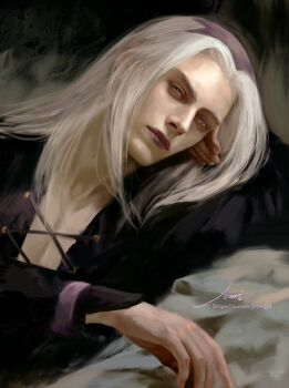 1boy bishounen black_coat cleavage_cutout clothing_cutout coat commentary elbow_rest fingernails hat head_on_hand head_rest jojo_no_kimyou_na_bouken jomijjd leone_abbacchio lips long_hair long_sleeves looking_at_viewer lying makeup male_focus pectoral_cleavage pectorals purple_hat purple_lips signature solo vento_aureo white_hair yellow_eyes