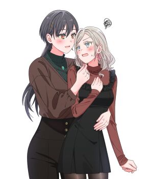 2girls black_dress black_hair black_pants blue_eyes blush brown_sweater ceras_yanagida_lilienfeld commentary dress grey_hair hand_on_another's_waist highres idgukgu jewelry katsuragi_izumi link!_like!_love_live! long_hair love_live! multiple_girls open_mouth orange_eyes pants pinafore_dress red_shirt ring shirt simple_background sleeveless sleeveless_dress smile squiggle sweat sweater wedding_ring white_background wife_and_wife yuri