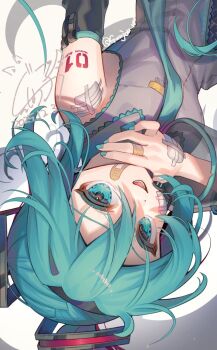 Rule 34 | 1girl, aqua eyes, aqua hair, aqua nails, aqua necktie, aqua trim, arm tattoo, bandaid, bandaid on face, bandaid on hand, black skirt, black sleeves, blush, breasts, collared shirt, commentary request, detached sleeves, grey background, grey shirt, gunjou row, hair between eyes, hair ornament, hatsune miku, headset, long hair, long sleeves, looking at viewer, medium breasts, necktie, number tattoo, open mouth, shirt, simple background, skirt, sleeveless, sleeveless shirt, smile, solo, tattoo, thighhighs, twintails, very long hair, vocaloid, wide sleeves, zettai ryouiki