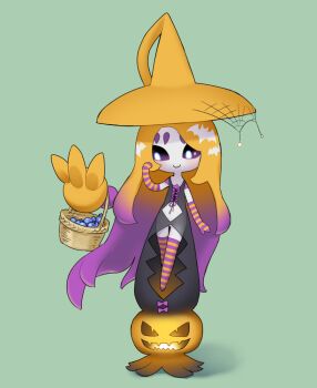 Rule 34 | 1girl, animal print, basket, bat print, black sclera, blonde hair, blue eyes, blush, bodice, bright pupils, colored sclera, elbow gloves, gen 8 pokemon, gloves, green background, halloween, halloween costume, hat, hatterene, jack-o'-lantern, long hair, looking to the side, multicolored hair, nintendo, no humans, pokemon, purple hair, rare candy, silk, smile, solo, spider web, striped clothes, striped gloves, striped thighhighs, tentacle hair, thighhighs, tosx, two-tone hair, witch hat