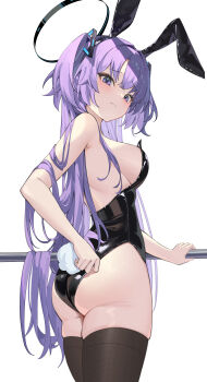 1girl absurdres alternate_costume animal_costume animal_ears ass backless_leotard backless_outfit bare_shoulders black_hairband black_leotard black_thighhighs blue_archive breasts closed_mouth cowboy_shot deep_skin fake_animal_ears fake_tail from_behind frown hair_ornament hairband halo hand_on_railing highleg highleg_leotard highres leotard long_hair looking_at_viewer looking_back medium_breasts playboy_bunny purple_eyes purple_hair rabbit rabbit_costume rabbit_ears rabbit_tail revealing_clothes sideboob simple_background skindentation solo standing strapless strapless_leotard tail thick_thighs thighhighs thighs two_side_up undersized_clothes undersized_thighhighs very_long_hair wh0_r_uo_o white_background yuuka_(blue_archive)