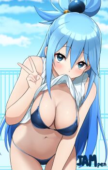 Rule 34 | 1girl, aqua (konosuba), artist name, bikini, blue bikini, blue eyes, blue hair, blue sky, breasts, clothes in mouth, clothes lift, commentary request, highres, jampen, kono subarashii sekai ni shukufuku wo!, large breasts, lifting own clothes, long hair, looking at viewer, navel, shirt, shirt lift, sky, solo, stomach, swimsuit, thighs, v, very long hair, white shirt
