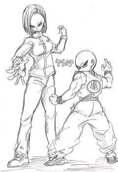 1boy 1girl android_18 bald bald_male black_eyes couple dragon_ball dragon_ball_super fighting_stance kuririn looking_at_viewer muscular muscular_male serious sketch tournament_of_power