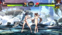 2girls 3d animated axe blue_hair bound breasts brown_hair captured chain dnf_duel dungeon_and_fighter female_fighter_(dungeon_and_fighter) female_nen_master_(dungeon_and_fighter) female_priest_(dungeon_and_fighter) grey_eyes highres inquisitor_(dungeon_and_fighter) multiple_girls nipples nude nude_filter nude_mod ponytail red_eyes sound tagme third-party_edit twintails video