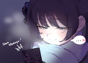 +++ ... 1girl black_hair blue_archive blue_eyes breath butterfly_hair_ornament close-up closed_mouth commentary_request dokuwachichi english_text hair_ornament heart highres holding holding_phone kisaki_(blue_archive) light_blush looking_at_phone notice_lines phone scarf screen_light smile solo speech_bubble spoken_ellipsis spoken_heart