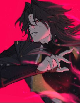 1boy black_hair black_jacket chinese_clothes commentary english_commentary facial_mark forehead_mark half-closed_eyes hand_up jacket long_hair male_focus parted_bangs parted_lips phainonsceo red_background red_eyes transformation upper_body ye_shiyuan zenless_zone_zero