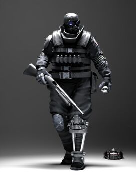 1boy 3d absurdres anti-personnel_mine anti-personnel_weapon armor belt bomb capcom explosive full_body goggles gradient_background grenade gun hector_hivers helmet highres knife male_focus mask mine_(weapon) official_art resident_evil resident_evil:_operation_raccoon_city shotgun solo walking weapon