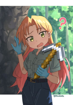 1girl ? belt blonde_hair blurry blurry_background breasts commentary_request day feet_out_of_frame frown gloves green_eyes highres holding long_hair long_sleeves minecraft minecraft_pickaxe nature open_mouth outdoors pants pickaxe rock ruri_no_houseki shirt small_breasts solo space_ruruke standing tanigawa_ruri tree