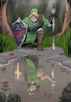 2boys artist_name blonde_hair boots brown_boots cross deviantart_username different_reflection forest green_tunic hair_intakes holding holding_shield holding_sword holding_weapon hylian_shield kneeling latin_cross link master_sword multiple_boys nature nintendo outdoors pale_skin pointy_ears puddle red_leaf reflection shield short_hair sidelocks sword syldur the_legend_of_zelda tree tunic weapon