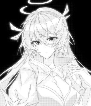 Rule 34 | absurdres, benghuai xueyuan, black background, breasts, center opening, chinese commentary, cleavage, closed mouth, collarbone, collared dress, commentary request, dress, earrings, expressionless, hair between eyes, hair intakes, hair ornament, halo, hands up, head tilt, headpiece, herrscher of the end, high collar, highres, honkai (series), huge breasts, jewelry, kiana kaslana, long sleeves, looking at viewer, monochrome, puffy long sleeves, puffy sleeves, simple background, star (symbol), star earrings, star hair ornament, wavy hair, xinjinjumin9123588