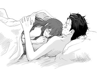 1boy 1girl bed bed_sheet blush breasts closed_eyes completely_nude couple embarrassed greyscale happy_tears hetero long_hair lying lying_on_person makise_kurisu monochrome nervous_sweating nude okabe_rintarou on_back on_bed pillow science_adventure short_hair steins;gate sweat tears tetsu10ru under_covers