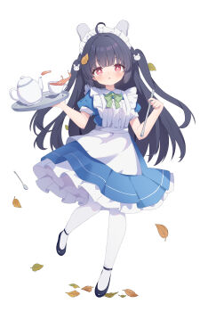1girl absurdres alternate_costume animal_ears apron black_hair black_shoes blue_archive blue_dress blunt_bangs bow bowtie bright_pupils center_frills commentary_request cup dress enmaided fake_animal_ears frills green_bow green_bowtie hair_ornament high_heels highres holding holding_spoon holding_tray humooooo leaf leaf_on_head long_hair looking_at_viewer maid maid_apron maid_headdress miyu_(blue_archive) open_mouth pantyhose puffy_short_sleeves puffy_sleeves rabbit_ears rabbit_hair_ornament red_eyes shoes short_sleeves simple_background solo spoon standing standing_on_one_leg tea teacup teapot tray two_side_up white_apron white_background white_pantyhose white_pupils