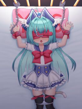 1girl absurdres anal_beads anal_tail antenna_hair bdsm belt black_thighhighs blindfold blue_corset blue_eyes blue_hat blue_skirt blush bound bound_wrists butt_plug chain corset emil_chronicle_online fake_tail fly_fish_alma frilled_skirt frills green_hair hat head_wings highres leg_ribbon long_hair neck_ribbon nose_blush on_bed panties panty_pull red_belt red_ribbon ribbon rna0 sailor_collar shirt skirt solo tail thighhighs tongue tongue_out underwear white_shirt white_skirt white_wings wings yes-no_pillow