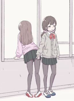 2girls black_nails black_pantyhose bow bowtie brown_hair cardigan commentary green_eyes green_skirt grey_cardigan highres indoors long_hair mary_janes miyao385 multiple_girls open_mouth original pantyhose pink_cardigan pleated_skirt red_bow red_bowtie shoes skirt twintails white_shoes