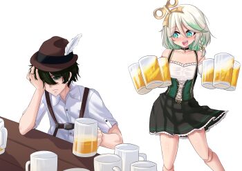 1boy 1girl absurdres alcohol alternate_costume aqua_eyes bare_shoulders beer beer_mug black_choker black_skirt blush bow brown_hat cecilia_immergreen choker closed_mouth collarbone collared_shirt commentary corset cup diamond-shaped_pupils diamond_(shape) doll_joints english_commentary eyelashes german_clothes gold_bow green_corset green_eyes green_hair green_pupils hair_between_eyes hair_bow hair_over_one_eye hand_on_own_head hat hat_feather head_rest highres holding holding_cup hololive hololive_english joints medium_hair monotoxy mug multicolored_hair oktoberfest open_mouth shirt short_hair short_sleeves simple_background skirt smile standing suspenders symbol-shaped_pupils table teeth two-tone_hair upper_teeth_only vedal987 vedal_ai virtual_youtuber white_background white_hair white_shirt winding_key wooden_table