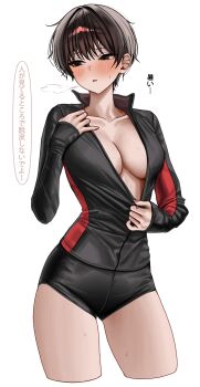 Rule 34 | 1girl, absurdres, bike jersey, bike shorts, biker clothes, bikesuit, black eyes, bodysuit, brown hair, commentary request, gwan-e, highres, ishikawa kanna (gwan-e), no bra, original, simple background, solo, standing, sweat, tomboy, translation request, white background