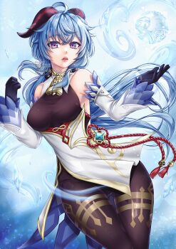1girl abstract_background ahoge armpit_peek artist_name bare_shoulders bell black_gloves black_horns blue_background blue_hair blue_sleeves bodystocking breasts brown_bodystocking cleavage commentary covered_erect_nipples cowbell cowboy_shot cryokinesis detached_sleeves english_commentary eyelashes floating_hair ganyu_(genshin_impact) genshin_impact gloves gluteal_fold goat_girl goat_horns hair_between_eyes hands_up horns large_breasts long_hair looking_at_viewer messy_hair mixed-language_commentary multicolored_horns neck_bell pantyhose parted_lips purple_eyes red_horns snowflakes solo sukimii_art tassel teeth thigh_gap two-tone_horns two-tone_sleeves upper_teeth_only vision_(genshin_impact) watermark white_background white_sleeves