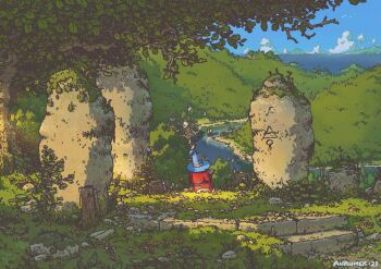 1boy artist_name aurumek bag beach blue_sky boat book cloud commentary dated day english_commentary european_architecture foliage from_behind grass hat highres hill holding holding_book horizon mage_staff mushroom nature original outdoors path pillar plant reading red_robe river road robe rock scenery signature sitting sky staff stone_building stone_pillar stonehenge tree water watercraft wizard wizard_hat