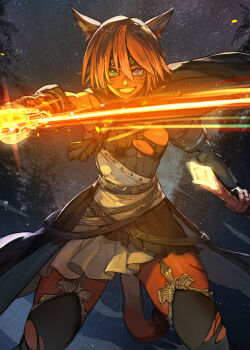 1girl absurdres animal_ears black_thighhighs blue_eyes breasts brown_hair cat_ears cat_tail commentary_request facial_mark final_fantasy final_fantasy_xiv fingerless_gloves gloves glowing glowing_sword glowing_weapon hair_between_eyes heterochromia hide_(hideout) highres holding holding_sheath holding_sword holding_weapon injury looking_at_viewer medium_breasts miqo'te night outdoors purple_eyes samurai_(final_fantasy) sheath short_hair smile solo sword tail teeth thighhighs torn_clothes torn_thighhighs warrior_of_light_(ff14) weapon whisker_markings