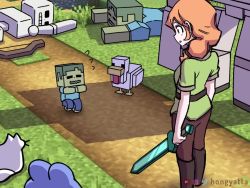 &gt;_&lt; 1girl alex_(minecraft) animated artist_name audible_music black_eyes black_sclera blue_eyes boots bow bow_(weapon) breakdance breasts cat_breakdancing_(meme) chicken_(minecraft) colored_sclera commentary dancing day english_commentary flying_sweatdrops glowing glowing_eye glowing_eyes grass holding holding_sword holding_weapon hongyatta instagram_logo iron_golem_(minecraft) medium_breasts meme minecraft minecraft_sword orange_hair outdoors path ponytail road sans_(undertale) short_sleeves skeleton_(minecraft) sound spread_legs sword twitter_logo undertale utdr_(toby_fox) video weapon youtube_logo zombie_(minecraft)