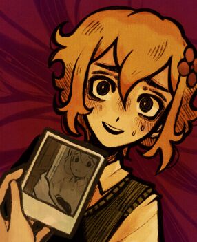 1boy 1other alternate_eye_color basil_(faraway)_(omori) basil_(omori) black_eyes blonde_hair bright_pupils collared_shirt commentary double-parted_bangs english_commentary green_sweater_vest hair_between_eyes highres holding holding_photo looking_at_viewer nervous_smile nervous_sweating omori open_mouth ottie_pops photo_(object) red_background shirt short_hair sidelocks smile something_(omori) spoilers sweat sweater_vest teeth upper_body upper_teeth_only white_pupils white_shirt