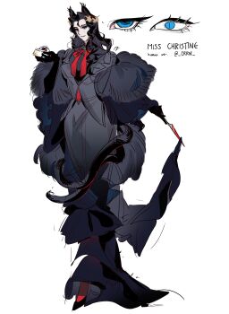 1girl absurdres animal_ears arknights black_coat black_dress black_gloves black_hair blue_eyes bow bowtie cat_ears character_name coat commentary crrn dress english_commentary full_body fur_coat gloves highres holding holding_knife holding_ticket knife long_hair looking_at_viewer miss_christine_(arknights) personification red_bow red_bowtie simple_background sketch slit_pupils smile solo ticket twitter_username white_background
