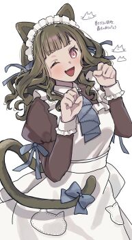 1girl ;d animal_ears apron ascot blue_ascot blue_bow blue_ribbon blunt_bangs bow brown_dress brown_hair cat_ears cat_tail collared_dress contrast_collar cowboy_shot dress fang frilled_apron frills highres juliet_sleeves kachimachi_kosuzu lilac_(li_lac_3) link!_like!_love_live! long_hair long_sleeves looking_at_viewer love_live! maid maid_apron maid_headdress nyan_nyan_nyan_fair_in_gamers official_alternate_costume one_eye_closed open_mouth paw_pose pink_eyes puffy_sleeves ribbon simple_background skin_fang sleeve_ribbon smile solo tail tail_bow tail_ornament translation_request virtual_youtuber wavy_hair white_apron white_background