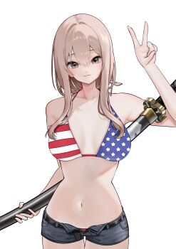 absurdres alternate_costume american_flag american_flag_bikini american_flag_print belt bikini black_belt blue_shorts breasts brown_eyes brown_hair commentary cowboy_shot denim denim_shorts english_commentary flag_print flag_print_bikini goddess_of_victory:_nikke hanagari highres holding holding_sheath holding_sword holding_weapon katana long_hair looking_at_viewer navel open_clothes open_fly open_shorts print_bikini scabbard scarlet_(nikke) sheath sheathed shorts simple_background smile swimsuit sword v weapon white_background
