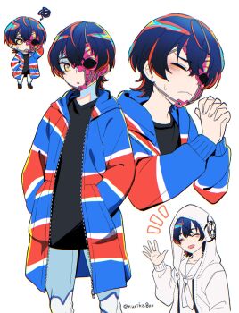 1girl :o biohazard_symbol black_hair black_shirt chibi chibi_inset coat commentary hair_between_eyes half_mask hand_in_pocket hand_up hands_in_pockets highres hood hood_up hurika800 looking_at_viewer mask multiple_persona multiple_views neckerchief open_clothes open_mouth own_hands_clasped own_hands_together pants rei_shimobe reverse_trap sailor_collar shirt short_hair shuten_order simple_background smile squiggle sweatdrop twitter_username white_background white_coat white_neckerchief white_pants white_sailor_collar white_shirt yellow_eyes