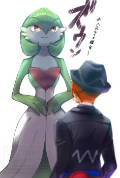 1boy 1girl backlighting black_hat black_jacket blurry blurry_foreground bob_cut closed_mouth colored_skin from_behind gardevoir gen_3_pokemon green_hair green_skin hair_between_eyes hat height_difference jacket japanese_text multicolored_skin narrow_waist nintendo own_hands_together paxton_(pokemon) pokemon pokemon_(creature) pokemon_legends:_z-a red_eyes short_hair simple_background size_difference standing talking translation_request two-tone_skin waka_(negronoir) watermark white_background white_skin