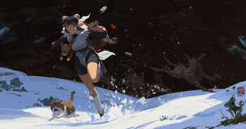 1girl animal backpack bag bike_shorts black_hair black_shorts breasts bun_cover buruma cat china_dress chinese_clothes commentary double_bun dress english_commentary fleeing hair_bun highres holding holding_animal kan_liu_(666k) long_pointy_ears mechanical_hands medium_breasts motion_blur multiple_others non-humanoid_robot original pointy_ears prosthesis prosthetic_arm robot robot_animal scared short_hair shorts shorts_under_dress single_mechanical_hand snow solo_focus white_dress wolf xiang_xiao-lu