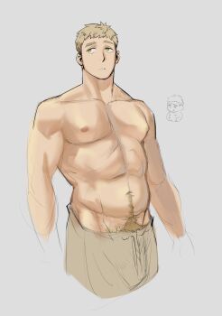 1boy bara beefflavorchips belly blonde_hair cropped_legs doodle_inset dungeon_meshi highres laios_touden large_pectorals looking_to_the_side male_focus male_pubic_hair muscular muscular_male navel_hair nipples pectorals pubic_hair short_hair solo standing stomach strongman_waist thick_eyebrows thick_navel_hair topless_male unfinished