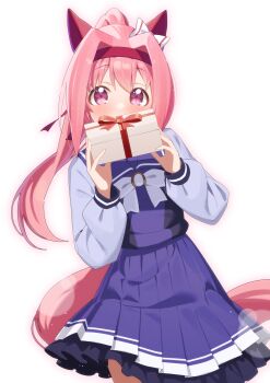 Rule 34 | 1girl, absurdres, animal ears, blush, bow, bowtie, box, commentary request, ear bow, ear covers, flower-shaped pupils, flower in eye, freely2327, gift, gift box, hairband, haru urara (umamusume), headband, highres, holding, holding box, horse ears, horse girl, horse tail, long hair, long sleeves, looking at viewer, pink eyes, pink hair, pink headband, pleated skirt, ponytail, purple sailor collar, purple serafuku, purple shirt, purple skirt, red headband, sailor collar, sailor shirt, school uniform, serafuku, shirt, skirt, solo, symbol-shaped pupils, symbol in eye, tail, tracen school uniform, umamusume, white bow, white bowtie