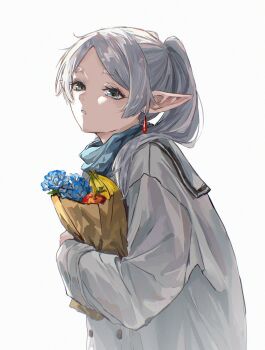 1girl aim6120 apple bag banana blue_flower blue_scarf coat earrings elf flower food frieren from_side fruit green_eyes hair_over_shoulder hashtag-only_commentary highres holding holding_bag hugging_object jewelry long_sleeves looking_at_viewer medium_hair paper_bag parted_bangs parted_lips pointy_ears scarf sidelighting sidelocks simple_background solo sousou_no_frieren standing teardrop_earrings thick_eyebrows upper_body white_background white_coat white_hair