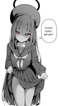 1girl absurdres beret blue_archive closed_mouth clothes_lift clover_dot_(clov_erd) cowboy_shot english_text halo hat highres justice_task_force_member_(blue_archive) lifting_own_clothes loli long_hair long_sleeves neckerchief red_eyes school_uniform serafuku shirt skirt skirt_lift solo speech_bubble spot_color thighs very_long_hair