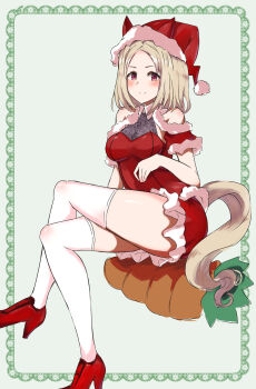 1girl absurdres animal_ears bare_shoulders blonde_hair blush breasts carrot closed_mouth commentary_request crossed_legs dress ear_covers ears_through_headwear fur-trimmed_dress fur-trimmed_headwear fur_trim hat highres horse_ears horse_girl horse_tail looking_at_viewer medium_breasts narita_top_road_(umamusume) purple_eyes red_dress red_hat santa_costume santa_dress santa_hat shoes short_hair sitting smile solo tail thighhighs thighs umamusume vandy76 white_thighhighs