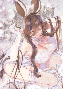 218 animal_ears bridal_veil bride brown_hair brown_horns closed_eyes draph dress extra_ears galleon_(granblue_fantasy) gloves granblue_fantasy granblue_fantasy_versus:_rising hair_between_eyes highres horns long_hair_between_eyes multicolored_hair pointy_ears sitting streaked_hair veil wedding_dress white_dress white_gloves