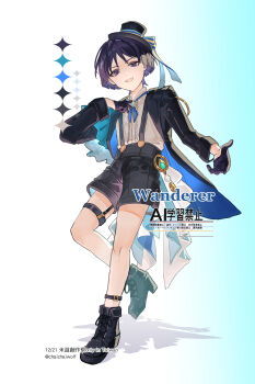 Rule 34 | 1boy, adapted costume, alternate costume, ankle belt, aqua gemstone, arm at side, belt, black belt, black boots, black coat, black gloves, black hat, black shorts, black sleeves, blue bow, blue coat, blue gemstone, blunt ends, boots, bow, chaichaiwolf, character name, coat, coattails, dress shirt, feathers, formal clothes, frilled shirt, frills, garter belt, gem, genshin impact, gloves, hair intakes, half gloves, hand on own chest, hat, hat bow, highres, lace-up boots, long sleeves, looking at viewer, male focus, open clothes, open coat, open hand, open mouth, pom pom (clothes), purple eyes, purple hair, scaramouche (genshin impact), shadow, shirt, shorts, solo, striped bow, suspender shorts, suspenders, top hat, tsurime, twitter username, two-sided coat, two-sided fabric, vision (genshin impact), wanderer (genshin fes 2026) (genshin impact), wanderer (genshin impact), watermark, white shirt, wispy bangs, yellow feathers, yellow trim