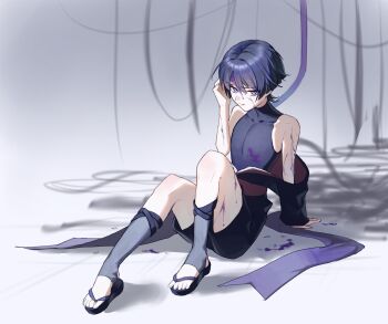 1boy arm_at_side arm_support black_kimono black_sandals black_shorts bleeding blood blood_from_forehead blood_on_arm blood_on_clothes blood_on_leg blunt_ends cable choppy_bangs closed_mouth clothes_down covered_collarbone cracked_skin eyeliner eyeshadow fuli_(narumiyafuri) full_body furisode genshin_impact grey_background grey_leggings hand_on_own_head hand_up highres injury japanese_clothes juban kimono leggings looking_at_viewer makeup male_focus purple_blood purple_eyes purple_hair red_eyeliner red_eyeshadow red_kimono red_sash sandals sash scaramouche_(genshin_impact) shorts sitting solo stirrup_legwear toeless_legwear toenails toes zouri