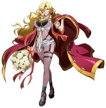 1girl aiguillette bad_tag black_bra black_shoes black_straps blonde_hair blue_eyes bodystocking bouquet bra breasts buttons chest_jewel cleavage coat coat_on_shoulders collared_shirt crossed_legs curtained_hair earrings facial_mark floating_clothes floating_hair flower flower_in_mouth forehead_mark framed_breasts front-tie_top full_body game_cg high_heels highres holding holding_bouquet hoop_earrings huge_breasts imelda_(langrisser) jewelry langrisser langrisser_ii langrisser_mobile leather_panties long_hair long_sidelocks looking_at_viewer midriff military_coat mole mole_under_mouth official_alternate_costume official_art open_clothes open_coat parted_hair red_coat red_ribbon red_shawl ribbon rose second-party_source see-through_bodystocking shawl shirt shoes short_shorts shorts shoulder_boards sidelocks silco simple_background sleeves_rolled_up smile solo standing tachi-e thigh_strap tied_shirt torn_clothes torn_shorts transparent_background underwear very_long_hair white_flower white_rose white_shirt white_shorts yellow_trim