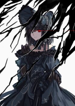 Rule 34 | 1girl, absurdres, baixiang1234567, bare shoulders, black eyes, black hair, blue bonnet, bonnet, commentary request, dress, fate/grand order, fate (series), frills, gloves, glowing, glowing eye, gothic lolita, hat, highres, kuonji alice, kuonji alice (third ascension), lolita fashion, looking at viewer, mahou tsukai no yoru, off-shoulder dress, off shoulder, puffy short sleeves, puffy sleeves, short sleeves, smile, solo, type-moon, white background